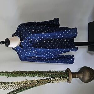 St. John's Bay Navy and White Patterned Long Sleeve Button Down Blouse